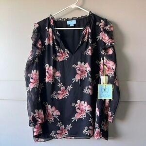 CeCe Black Floral Print Ruffle Neck V-Neck Tunic Blouse Size L Romantic Feminine
